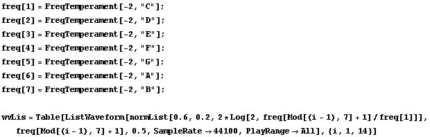 freq[1] = FreqTemperament[-2, "C"] ; freq[2] = FreqTemperament[-2, "D"] ;  ... q[1]]], freq[Mod[(i - 1), 7] + 1], 0.5, SampleRate -> 44100, PlayRange -> All], {i, 1, 14}] 