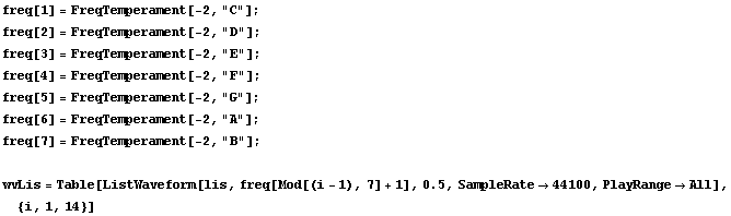 freq[1] = FreqTemperament[-2, "C"] ; freq[2] = FreqTemperament[-2, "D"] ;  ... rm[lis, freq[Mod[(i - 1), 7] + 1], 0.5, SampleRate -> 44100, PlayRange -> All], {i, 1, 14}] 