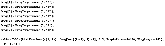 freq[1] = FreqTemperament[5, "C"] ; freq[2] = FreqTemperament[5, "D"] ; fr ... 1, 1}}, freq[Mod[(i - 1), 7] + 1], 0.5, SampleRate -> 44100, PlayRange -> All], {i, 1, 14}] 