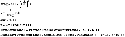 freq = 440 * (2^1/12)^3 ; t = 1/freq * 1 ; dur = 1.0 ; n = Ceiling[dur/t] ; WaveFormPiano3 = F ... , {i, 1, n}]] ; ListPlay[WaveFormPiano3, SampleRate -> 22050, PlayRange -> {-2^16, 2^16}] ; 